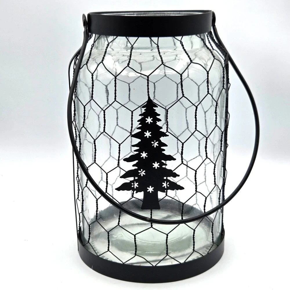 Large Lantern Jar Chicken Wire and Handle with Christmas Tree Country Farmhouse
